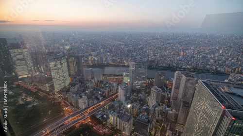 Wallpaper Mural 夜明けの未来型メガシティ俯瞰スカイライン / Aerial Futuristic Megacity Skyline at Dawn Torontodigital.ca