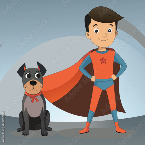 Cartoon superhero boy with cape and his trusty dog sidekick in adventure