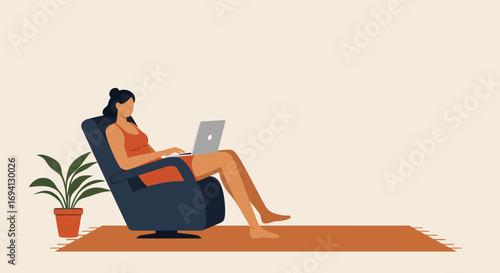 Young woman comfortably working or browsing on laptop from home. Represents flexible lifestyle, remote productivity, and relaxation.