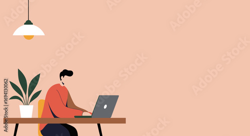 Person focused on laptop at a home desk with a plant and lamp, representing remote work, online learning, or productivity in a comfortable environment.
