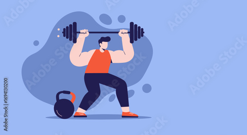 Man lifting a barbell, demonstrating strength and fitness in a modern, flat-style illustration. Ideal for health, exercise, or active lifestyle concepts.