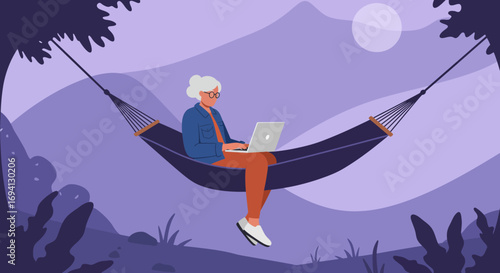 Mature woman working remotely on laptop in a hammock amidst a tranquil outdoor setting at night. Represents freedom, modern work-life balance, and flexible lifestyle.