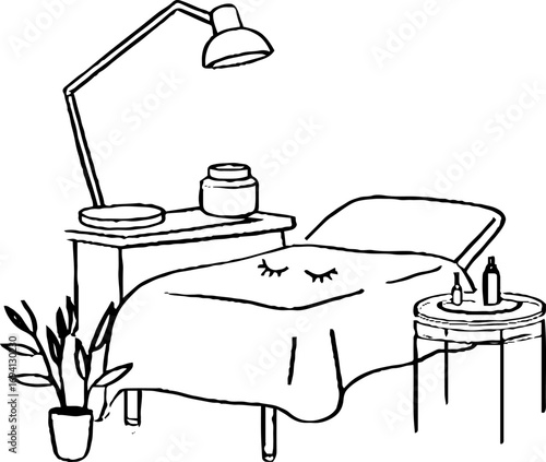 Minimalist line art of beauty salon scene with cosmetic tools and relaxing ambiance