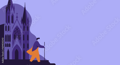 Person walking with a staff past a grand gothic cathedral. Represents spiritual journey, travel, exploration, faith, and historical architecture. Suitable for travel, religious, or historical themes.