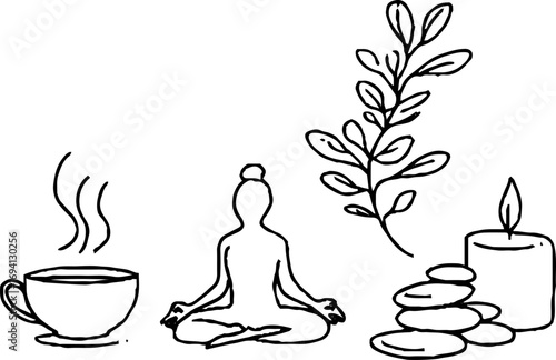Minimalist line art of tea, meditation, and nature elements for relaxation and wellness