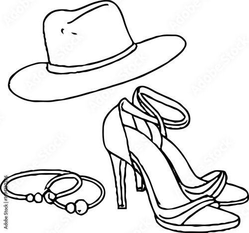 Minimalist line art composition of fashion accessories featuring hat and high heels