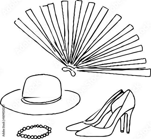 Minimalist line art of fashion accessories with hat, heels, fan, and bracelet for modern aesthetic design