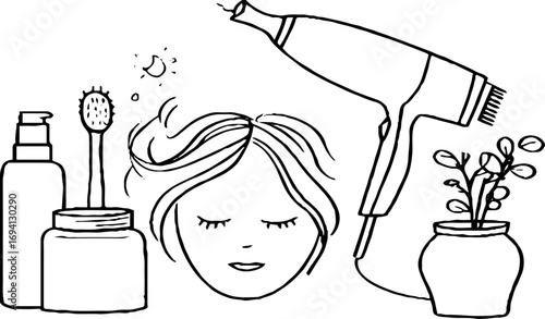 Minimalist line art of female face with beauty and hair care elements for aesthetic design