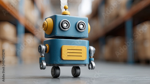Small blue and yellow robot toy standing warehouse floor with