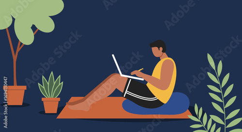 Man working on laptop in a relaxed home environment with potted plants. Illustrates remote work, flexible lifestyle, and productivity.