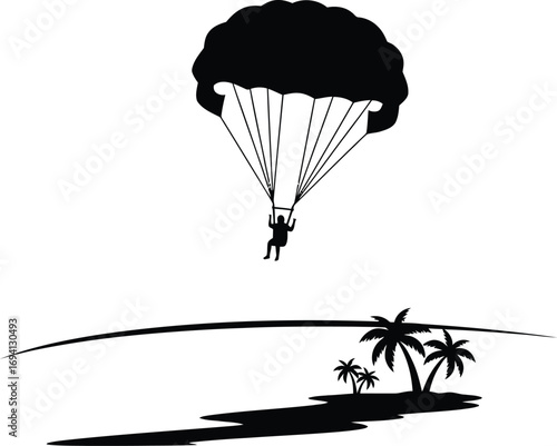 Silhouette of a skydiver with a parachute landing a tropical island with palm trees for design use