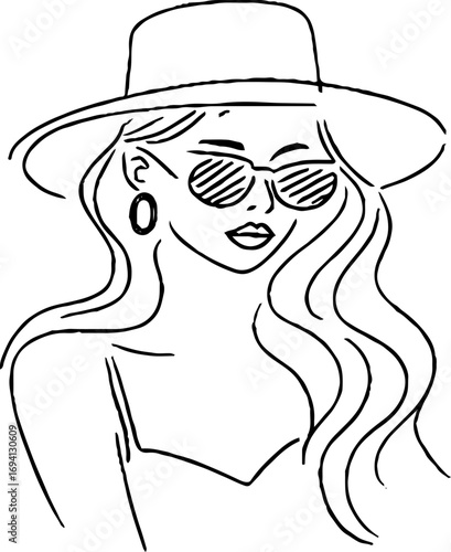 Minimalist line art of girl with sunglasses and hat for modern design and decor