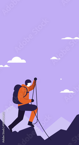 A hiker with a backpack and trekking poles ascends a mountain under a clear sky, embodying adventure and perseverance. Ideal for travel, sports, and lifestyle content.