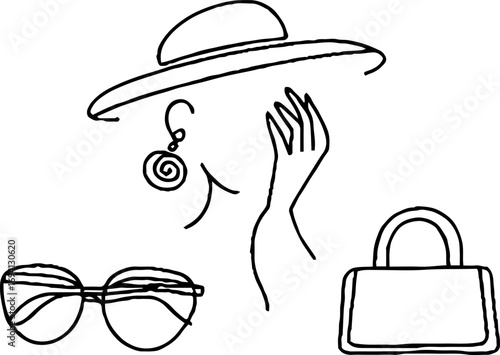 Elegant minimalist line art of fashionable woman with accessories