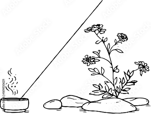 Tranquil minimalist line art of incense stick with floral accents for calm and aesthetic design