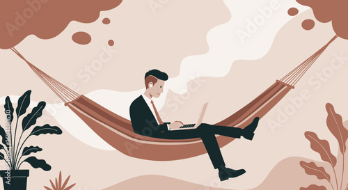 A businessman works on his laptop from a hammock in a serene outdoor setting, illustrating remote work, relaxation, and work-life balance.
