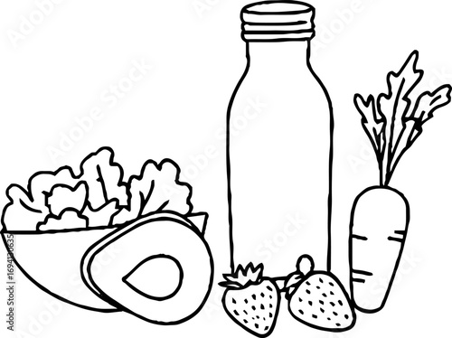 Minimalist line art composition of healthy foods with salad, avocado, and juice