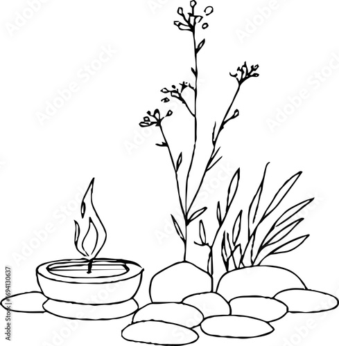 Minimalist line art of incense stick with natural elements for relaxation and meditation