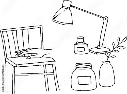 Minimalist line art composition featuring manicure setup for aesthetic design and decor