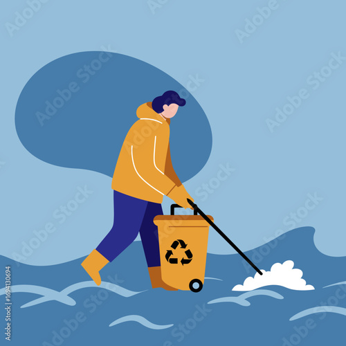 Person in winter attire collects waste into a recycling bin, symbolizing environmental care, sustainability, and community cleanup efforts. Ideal for eco-friendly campaigns.