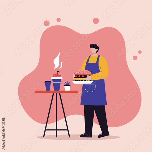 Professional server in an apron offering a delicious burger and hot coffee. Ideal for food service, restaurant, cafe, and catering business concepts.