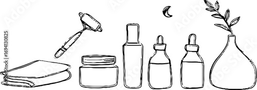 Minimalist line art of skincare and beauty essentials for modern aesthetic and design