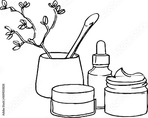 Minimalist line art of skincare essentials with botanical touch for modern aesthetic decor