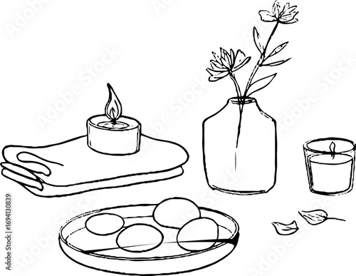 Serene minimalist line art of spa tray and candles for relaxation and aesthetic decor