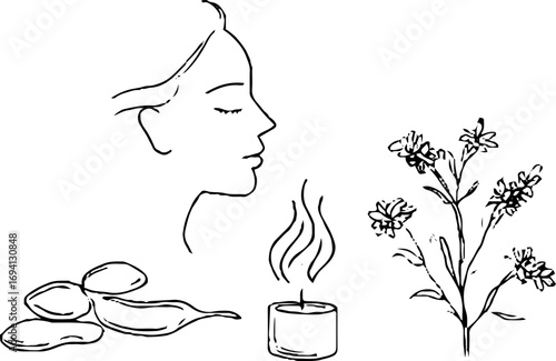 Tranquil minimalist line art composition featuring spa essentials and natural elements