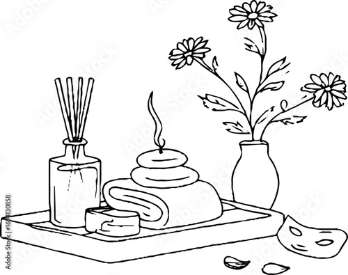Minimalist spa tray with aromatherapy and floral decor for relaxation and wellness