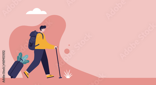 Stylized illustration of a lone traveler with backpack and suitcase, walking towards adventure. Ideal for concepts of journey, exploration, vacation, or nomadic lifestyle.