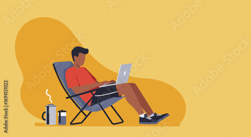 Person working remotely on a laptop from a comfortable chair outdoors, enjoying a relaxed digital nomad lifestyle. Ideal for work-life balance and travel concepts.