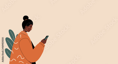 Illustrated Black woman actively engaging with her smartphone, representing modern communication, online connectivity, and daily digital lifestyle.