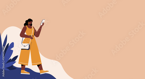 Modern Black woman using a smartphone while walking outdoors. This vibrant illustration represents digital connectivity, social media, and contemporary urban lifestyle.