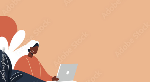 African American woman working remotely on a laptop with abstract natural elements. Represents digital nomad lifestyle, freelance work, or online learning.