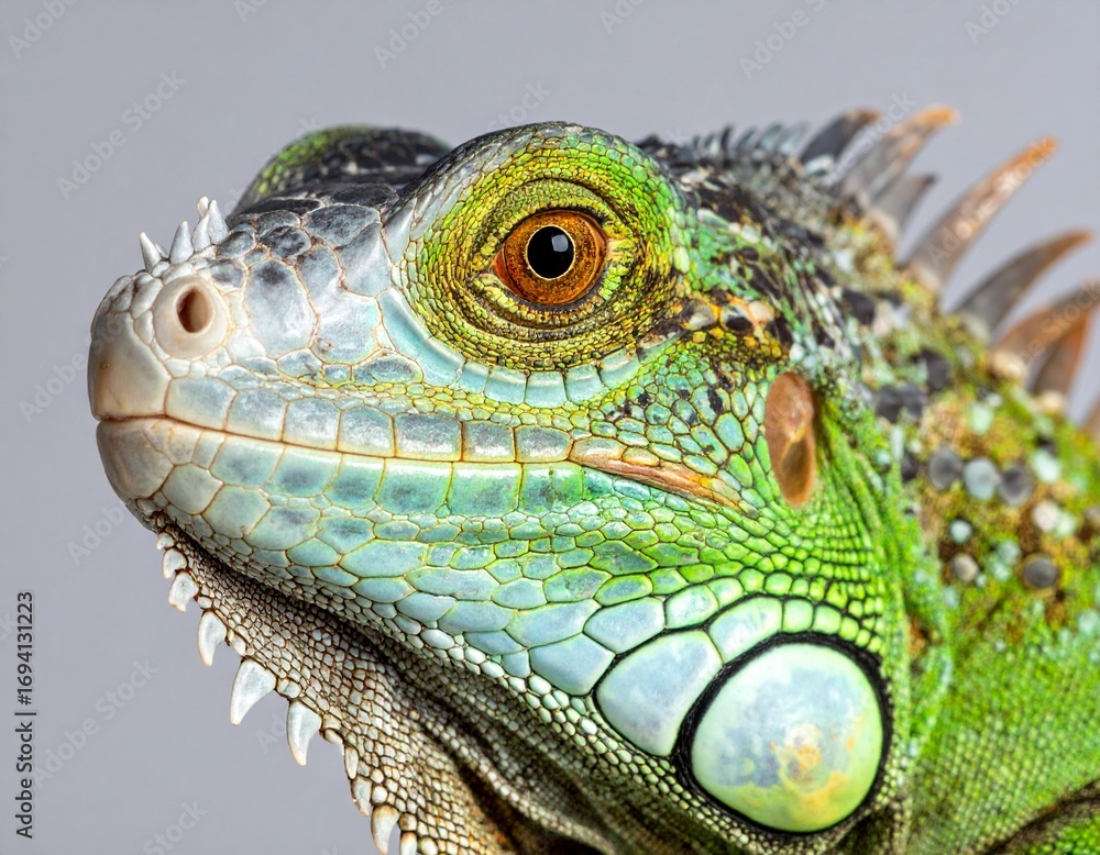 Fototapeta premium Close-up portrait of a vibrant green iguana, showcasing detailed scales and eye.