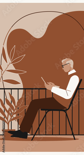 Elderly man relaxing on a balcony, engaging with his smartphone. This illustration depicts modern senior living, leisure, and staying connected through technology at home.