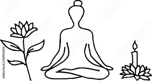 Tranquil meditation scene with minimalist female silhouette, lotus, and candle art design
