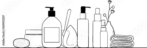 Minimalist line art illustration of skincare products flatlay for spa and beauty design