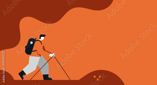 A minimalist illustration of a person hiking with a backpack and trekking poles across a vibrant orange and brown abstract landscape, representing adventure and exploration.