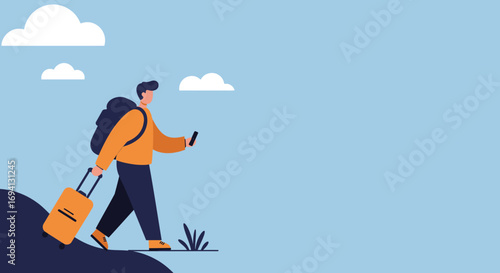 Modern traveler exploring with backpack and suitcase, navigating with a smartphone. Ideal for travel apps, blogs, or lifestyle content.