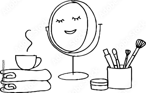 Minimalist line art of a cozy vanity scene with mirror and makeup accessories
