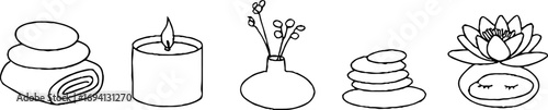 Minimalist line art of zen spa elements for relaxation and wellness design
