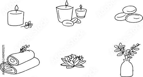 Minimalist line art illustration of massage stones and spa elements for relaxation and wellness design