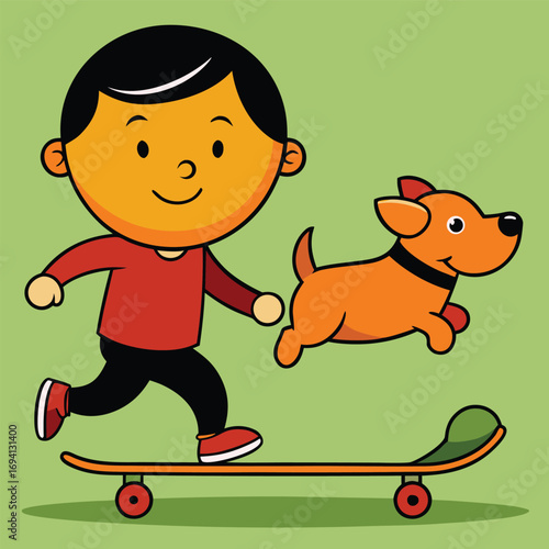 Joyful boy skateboarding with his happy dog running alongside outdoors
