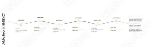 Infographic line curve. Timeline 6 Key Points. Business Presentation , Report, Marketing, Timeline and Planning. Vector Illustration.	
