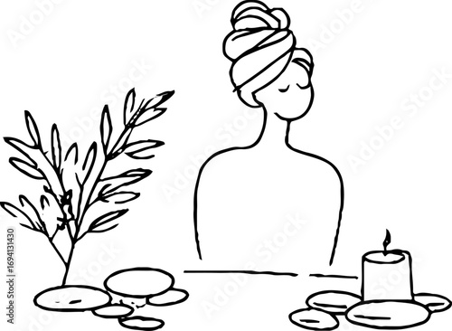 Serene spa day concept with relaxed girl in minimalist line art for wellness design