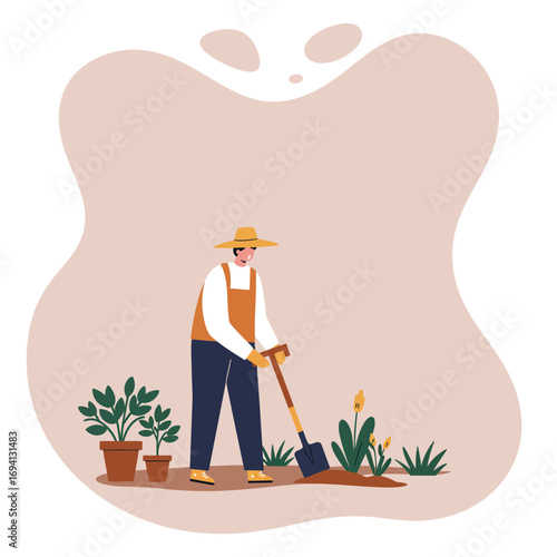 Happy gardener planting in the soil with a shovel, surrounded by potted plants and growing flowers. Depicts springtime, hobbies, and sustainable living.
