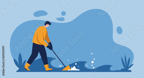 Illustration of a man cleaning water with a shovel, representing environmental efforts, disaster recovery, or diligent maintenance work. Concepts of responsibility and aid.