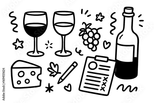 Wine tasting doodle icon set. Hand drawn vector of wine glass, bottle, grapes, cheese, scorecard. Sommelier evaluation concept. Food, drink, alcohol graphic illustration.